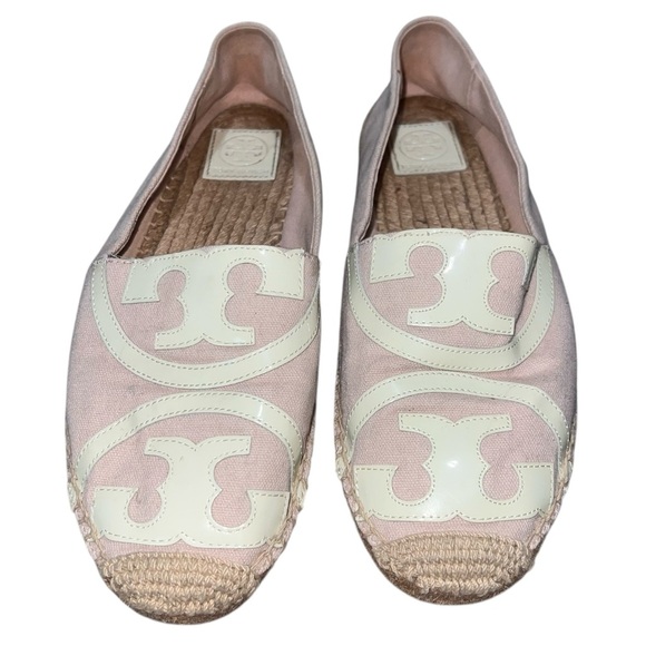 Tory Burch Pale Pink Canvas White Patent Leather Espadrilles Jute Sole Size 11 - Picture 1 of 8